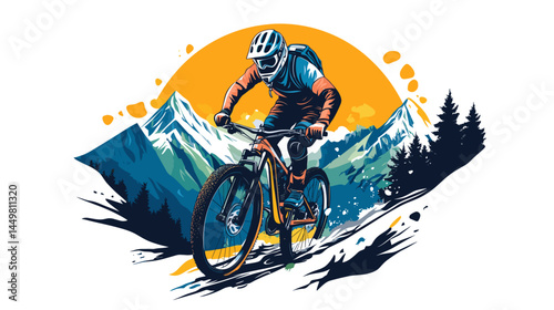vector design for t-shirt of A mountain biker in gear, riding down an alpine trail with mountains behind him., isolated on white, 2d clip art. Outdoors healthy lifestyle, sports activity.
