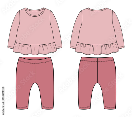 Fashion flat vector illustration of baby girl long sleeve and pant with front and back views. Great for digital mockups, catalogs, and design presentations.
