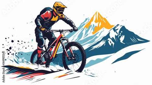 vector design for t-shirt of A mountain biker in gear, riding down an alpine trail with mountains behind him., isolated on white, 2d clip art. Outdoors healthy lifestyle, sports activity.