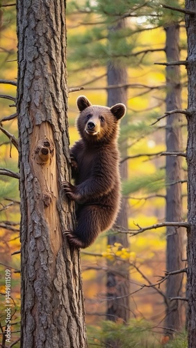 Young bear cub climbing a tree with awkward paws and focused look Green forest