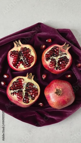 Gen4 Artistic still life of pomegranate halves and scattered seeds on dark velvet clot