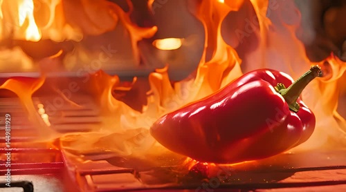 A vibrant red pepper glistens in the warm glow of the oven, its skin slightly blistered and charred