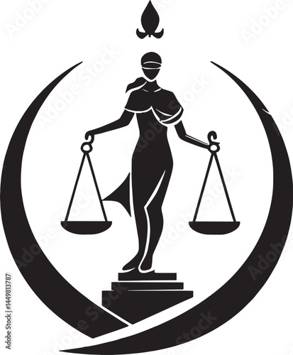 Lady Justice silhouette holding scales and sword. Symbol of law, fairness, and impartiality. Adobe Illustrator Artwork