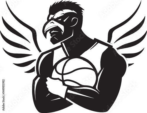 Winged basketball player silhouette with a fierce, bird-like mask. Sports, strength, and unique design. Adobe Illustrator Artwork