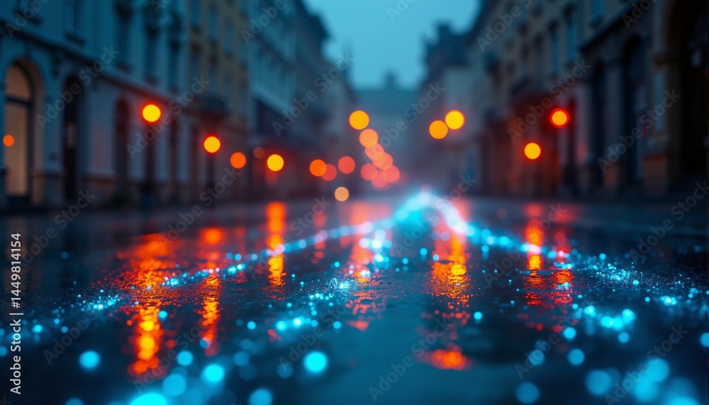 Obraz premium Iridescent Data Streams Reflecting Through A Rain-Slicked European Cityscape At Twilight