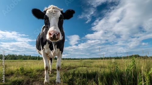 Fototapeta Naklejka Na Ścianę i Meble -  A black and white cow standing in a field with a blue sky and white clouds on a sunny day outdoors