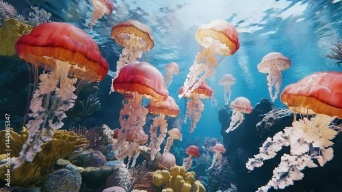 Colorful jellyfish swimming gracefully in a vibrant coral reef underwater ecosystem