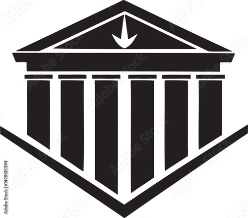 Abstract courthouse or bank silhouette with arrow. Symbolizes law, finance, and direction. Adobe Illustrator Artwork