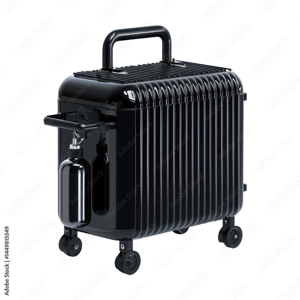 Fototapeta premium Modern black portable rolling suitcase with sturdy telescoping handle four wheels durable hard shell with ridged design compact travel bag for baggage travel on transparent background