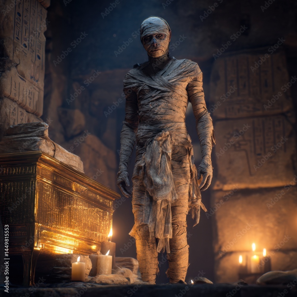 A Man Dressed in a White Outfit Standing Confidently Beside an Antique Chest in a Dimly Lit Room Evoking Mystery and Intrigue with Vintage Charm