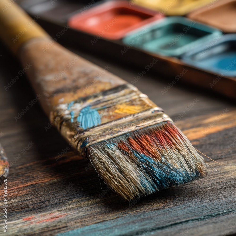 Artistic Composition of a Paintbrush and Colorful Palette on Rustic Wooden Table Evoking Creativity and Inspiration in a Studio Environment
