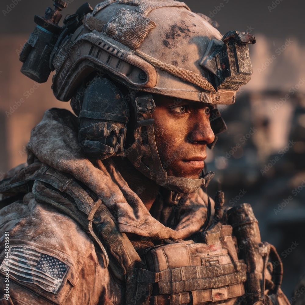 Proudly Standing Man in Military Uniform Exuding Strength and Discipline Against a Bold Background Evoking Patriotism and Honor in Service to Country