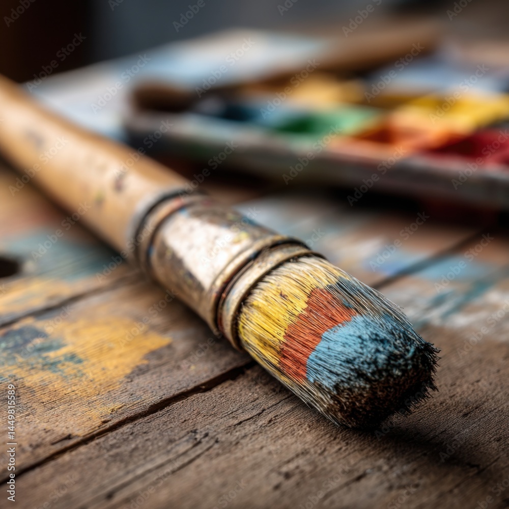 Artistic Composition Featuring a Colorful Paintbrush and Palette on a Rustic Wooden Table Evoking Creativity and Passion in the Artistic Process