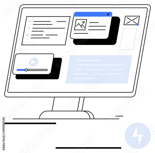 Desktop screen with multimedia player, chat notification, email icon, and text box. Ideal for technology, multimedia, communication, productivity, user interface online learning simple landing page