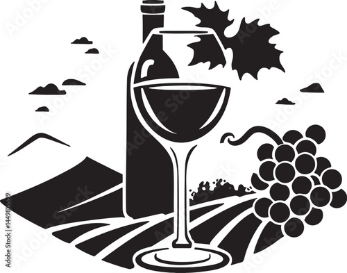 Elegant wine glass silhouette with bottle, grapes, and vineyard. Perfect for wine tasting and celebration. Adobe Illustrator Artwork