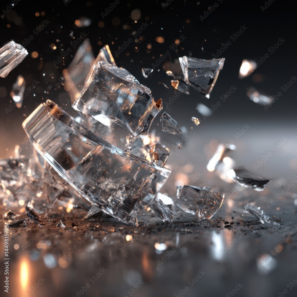 Fragmented Shards of Broken Glass Piled Together Reflecting Light Creating a Chaotic Yet Captivating Visual Texture in a Striking Urban Environment