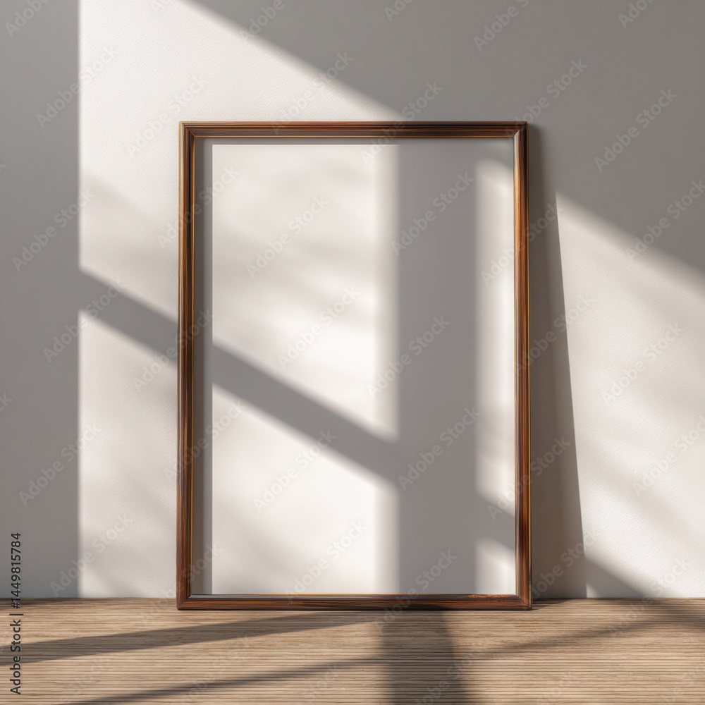Beautifully Crafted Picture Frame Resting on Rustic Wooden Floor Surrounded by Natural Light Creating a Warm and Inviting Atmosphere for Art Display