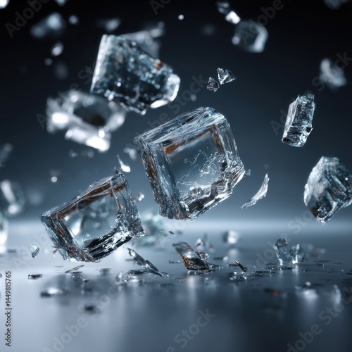 Obraz na płótnie Dynamic Scene of Ice Cubes Cascading onto a Wooden Table Creating a Refreshing Aesthetic Perfect for Summer Drinks and Cool Beverages in Bright Lighting w salonie