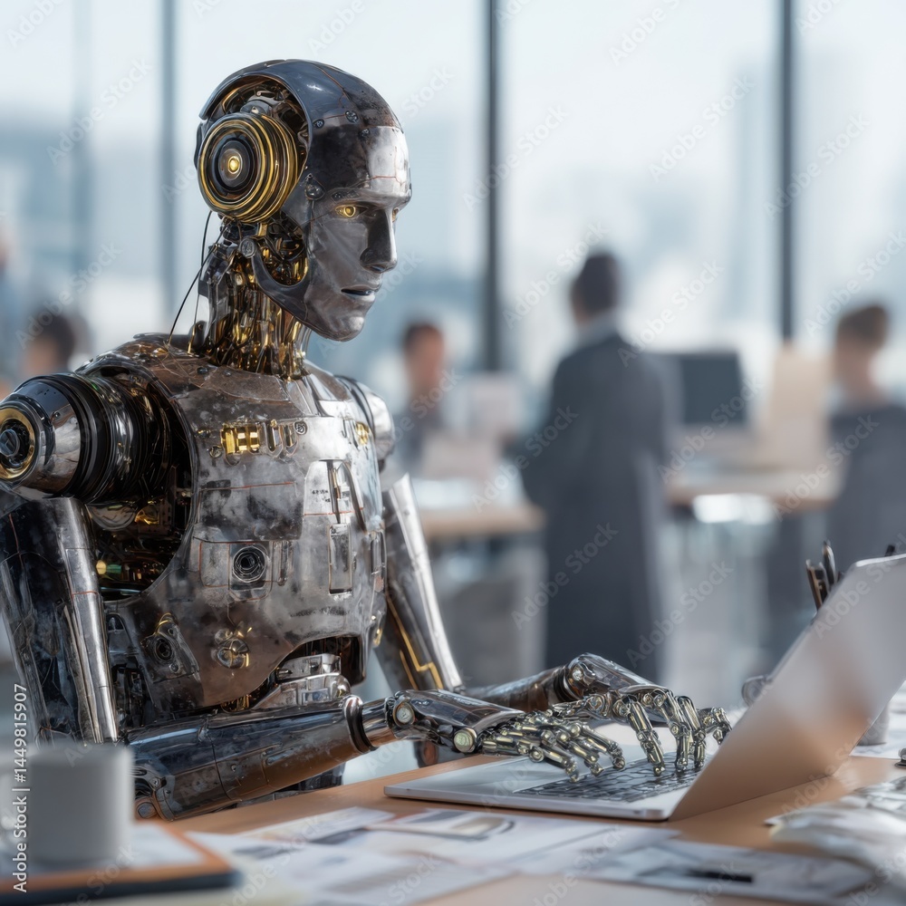 Futuristic Robot Sitting at a Modern Desk Surrounded by High-Tech Gadgets and Soft Ambient Lighting Creating a Unique Work Environment in Technology