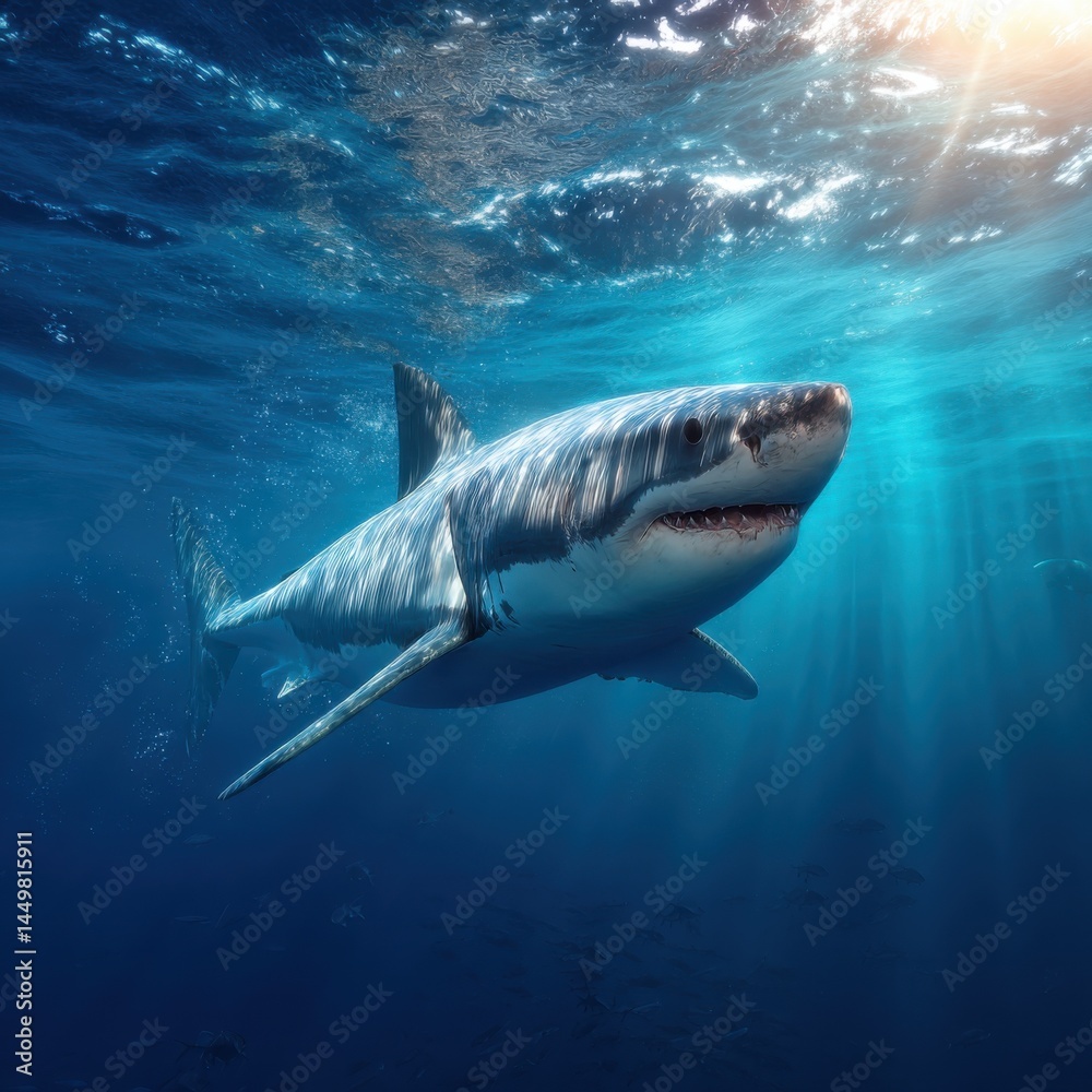 Majestic Great White Shark Gliding Gracefully Through Deep Blue Ocean Water Surrounded by Sunlight Creating a Stunning Underwater Scene of Nature