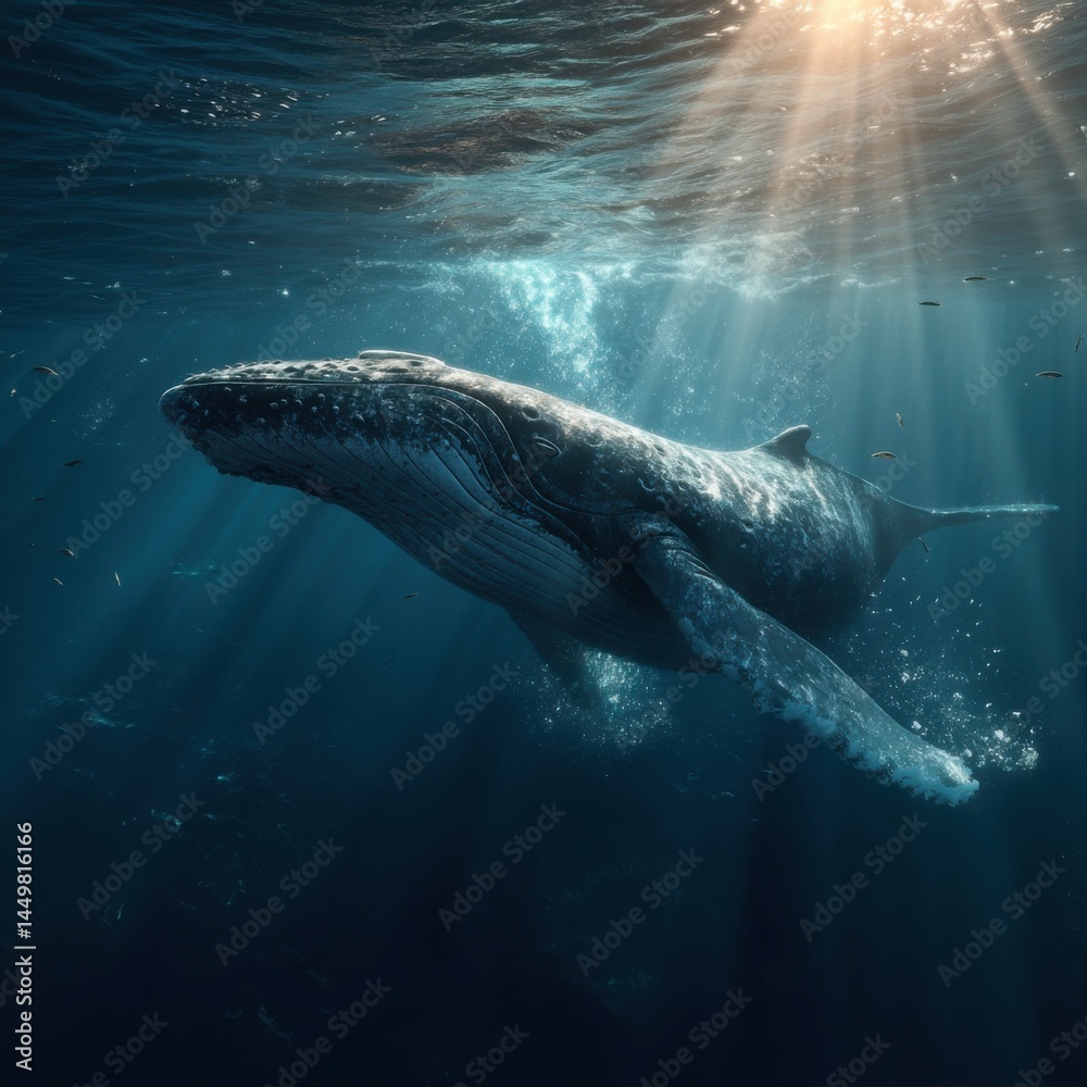 Majestic Humpback Whale Gracefully Swimming Through the Clear Blue Ocean Waters Surrounded by Bubbles and Sunlight Creating a Tranquil Underwater Scene