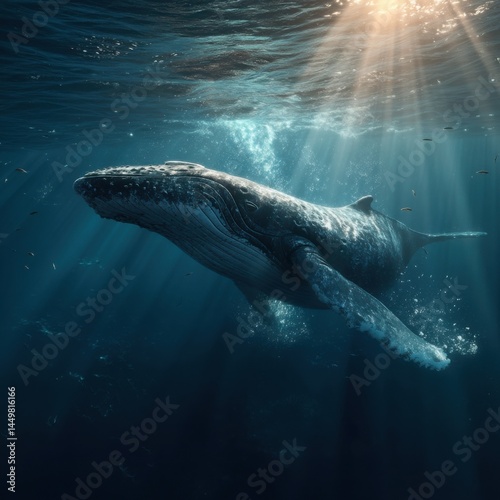 Obraz na płótnie Majestic Humpback Whale Gracefully Swimming Through the Clear Blue Ocean Waters Surrounded by Bubbles and Sunlight Creating a Tranquil Underwater Scene w salonie