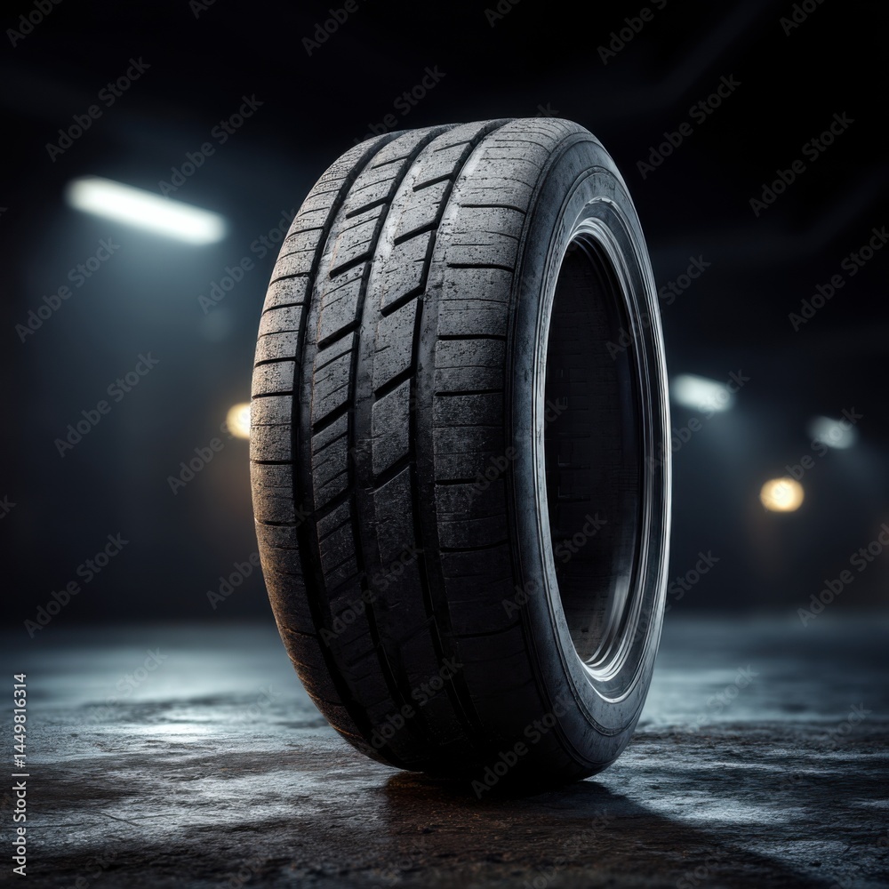 Closeup of a Car Tire on a Dark Surface Highlighting Texture and Detail with Shadows Creating a Dramatic and Industrial Atmosphere in Automotive Context