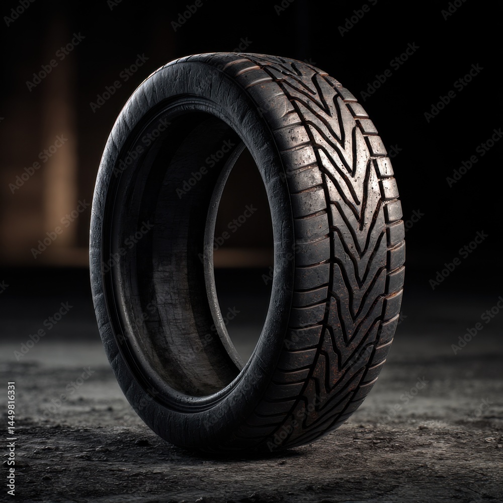 Close Up View of a Tire on a Dark Surface Highlighting the Textures and Patterns of Rubber in a Minimalist and Contemporary Style Setting