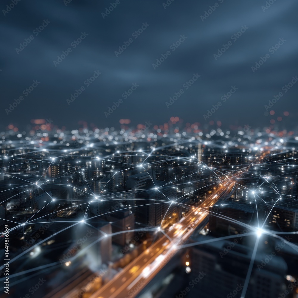 Fototapeta premium Vibrant Cityscape at Night Illuminated by Bright Lights and Intricate Connections Representing Modern Technology and Urban Energy in a Dynamic Environment