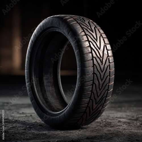 Obraz na płótnie Close Up View of a Tire on a Dark Surface Highlighting the Textures and Patterns of Rubber in a Minimalist and Contemporary Style Setting w salonie
