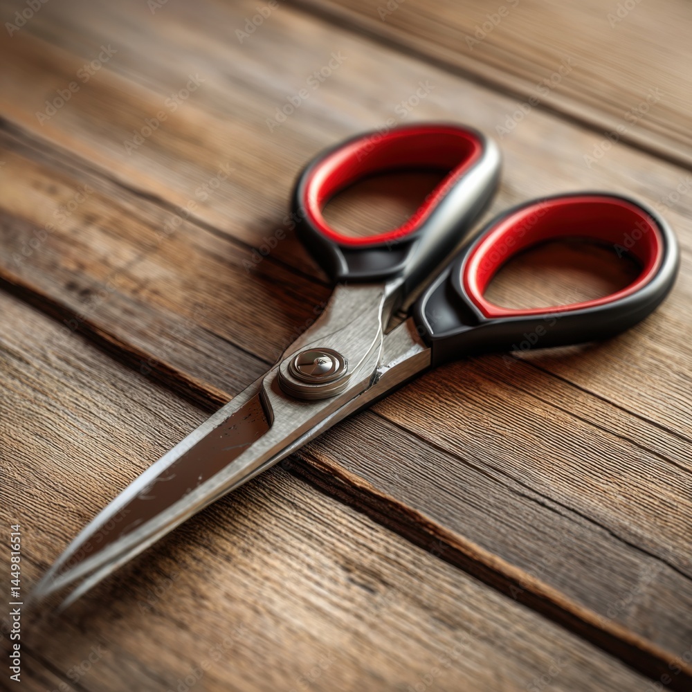 Elegant Pair of Scissors Resting on a Rustic Wooden Table Surrounded by a Warm and Inviting Atmosphere Perfect for Crafts and Artistic Projects