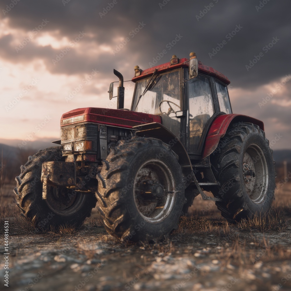 Vibrant Red Tractor Parked in Lush Green Field under Clear Blue Sky Surrounded by Rolling Hills Evoking a Sense of Rural Tranquility and Hard Work