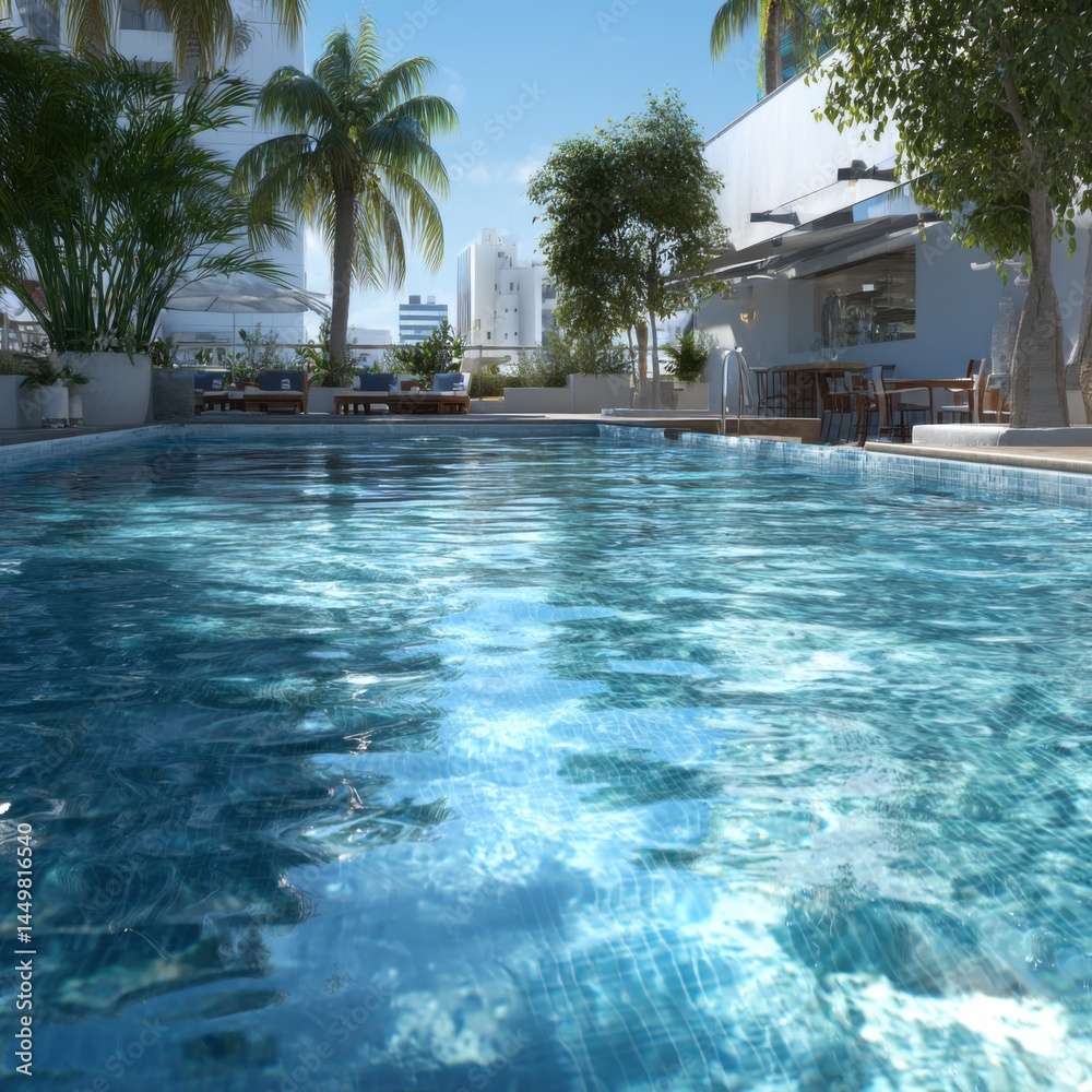 Expansive Swimming Pool Surrounded by Lush Greenery and Sunlit Patios Inviting Relaxation and Leisure in a Tranquil Outdoor Oasis Setting
