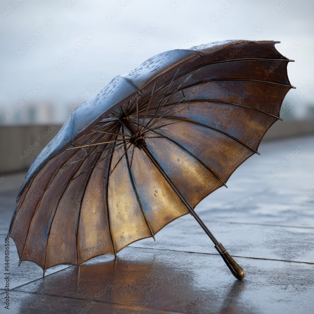 A Brown Umbrella Resting on a Wet Sidewalk Surrounded by Glimmering Raindrops Creating a Reflective and Melancholic Urban Atmosphere in Rainy Weather