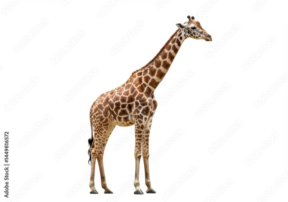 Fototapeta premium Isolated giraffe standing tall with its distinctive patterned coat against a bright white background