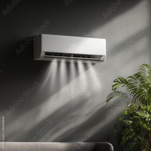 Obraz na płótnie Modern White Air Conditioner Mounted on Wall in Minimalist Room Providing Cool Comfort and Clean Aesthetic Enhancing Interior Living Space Ambiance w salonie