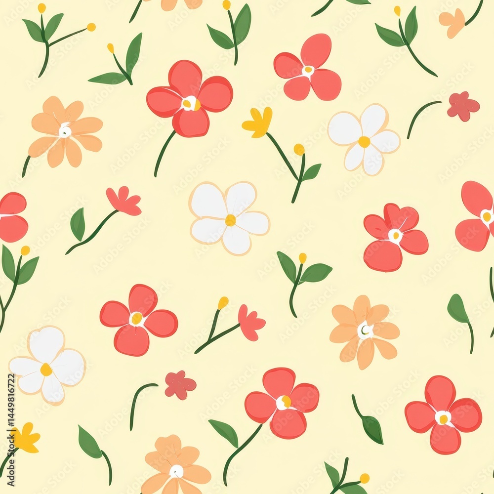 custom made wallpaper toronto digitalColorful Floral Pattern on Light Background with Red, Peach, and White Flowers.