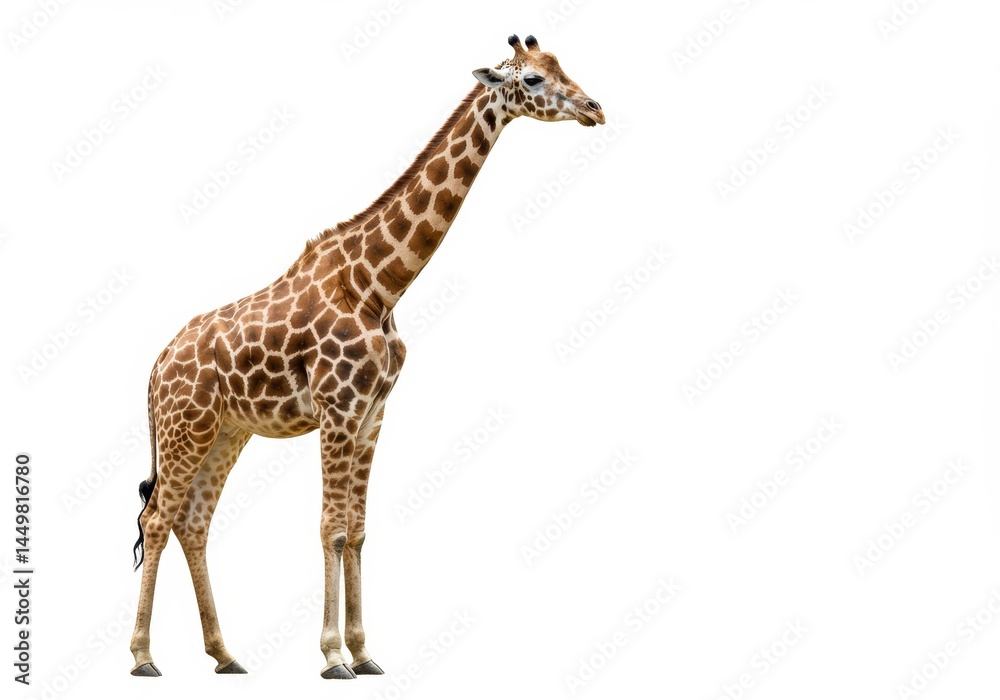 Fototapeta premium Full body shot of a giraffe standing tall against a bright white background in a studio setting