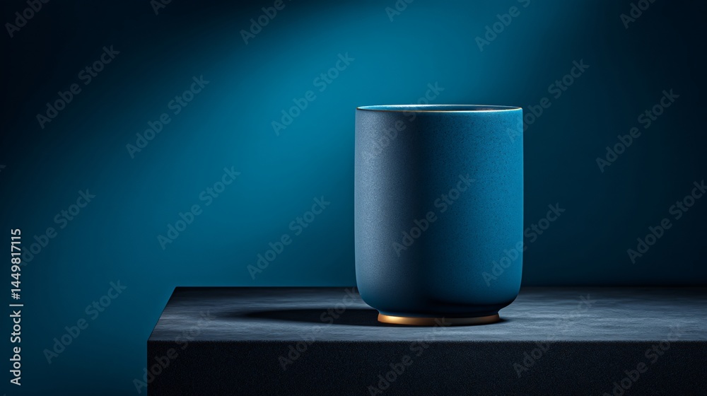 Blue Ceramic Pot on Dark Surface with Soft Light and Gradient Background Blue Ceramic Pot on Dark Surface with Soft Light and Gradient Background