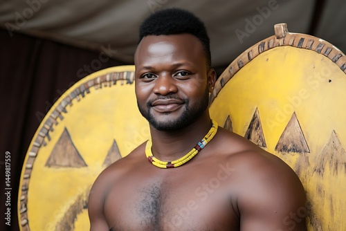 Zulu warriors photo fused with shield patterns and mountain scenes