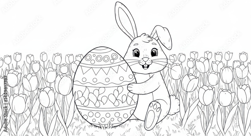 Happy Bunny with Giant Easter Egg in Tulip Field Happy Bunny with Giant Easter Egg in Tulip Field