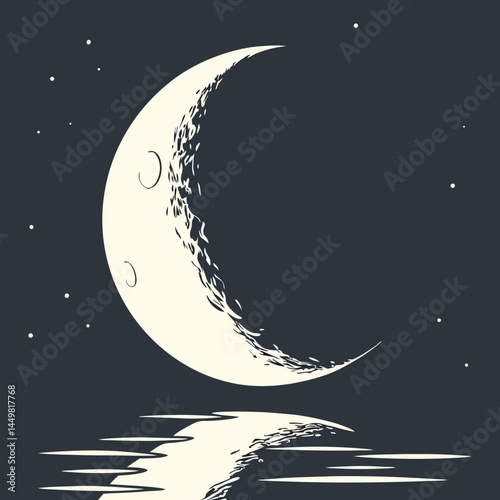 Half Moon Mirrored in Water Forming a Full Circle – Dreamy Celestial Vector Art for Mystical