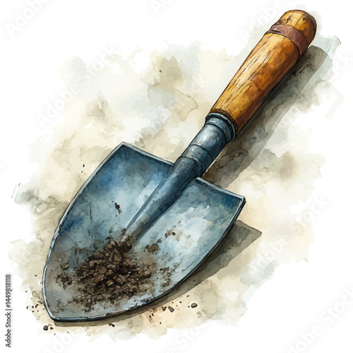 illustration of Metal Garden Trowel With Soil Stains, watercolor vector, isolated on a white background.