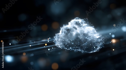 Digital cloud connected by lines with glowing particles on a dark abstract background with bokeh