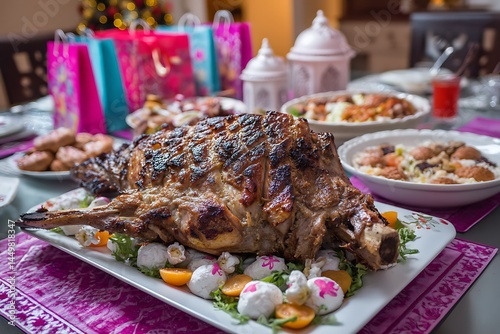 A festive Eid ul-Adha feast featuring a roasted lamb on the dining table, accompanied by side dishes like salad, dates, and sweets, with colorful gift bags in the background. photo
