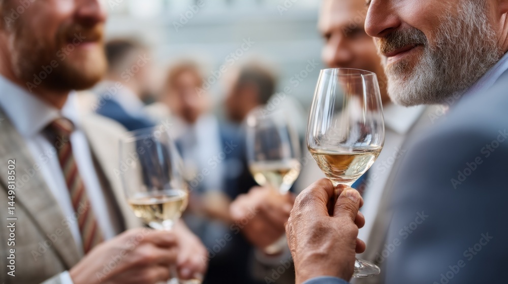 CEOs gather for a networking cocktail event in an elegant downtown venue, engaging in conversations while enjoying drinks and making valuable connections