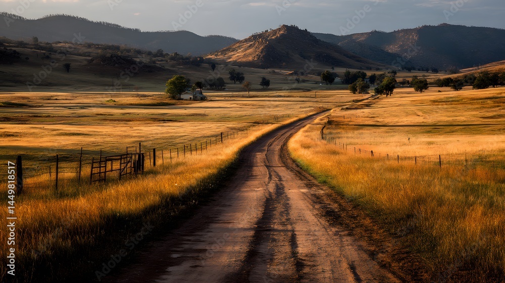 Naklejka premium Dirt road leading through golden fields towards distant mountains under a bright sky landscape