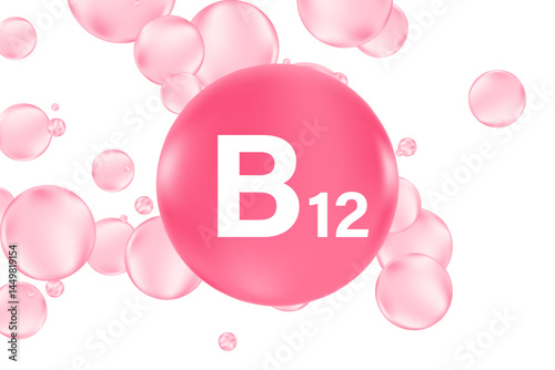 Vitamin B 12 glowing 3D pink molecule element or bubble isolated, transparent background, fluid flowing bubble fizz, beauty supplement, nutrition products banner, presentation, infographic design