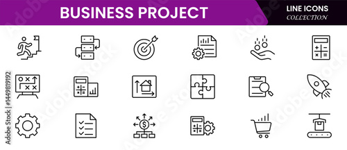 Business set of web icons in linear style. Business Project icons for web and mobile apps. Business, organisation management, planning, project, startup, marketing, teamwork. Vector illustration
