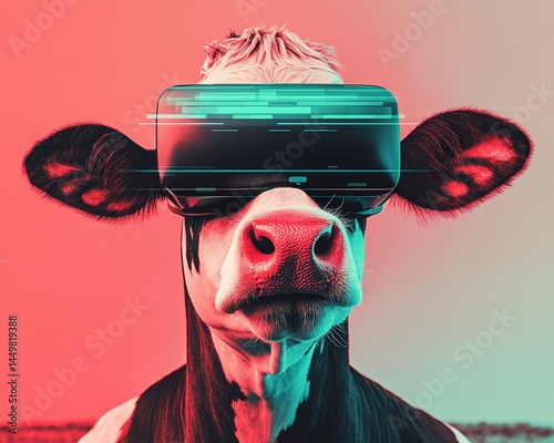Cow Wearing Virtual Reality Goggles in a Colorful and Futuristic Setting